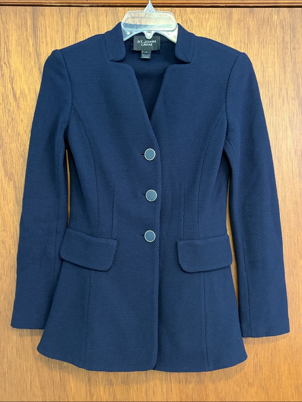 St John Caviar Navy Blue Blazer Womens 2 Wool Silk Blend Fitted Peplum USA